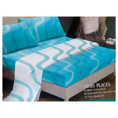 Ensemble de Drap de Lit 3 Places Bleu Ciel et Blanc