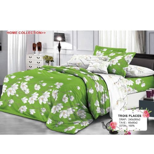 Ensemble de Drap +Taie, Trois Places avec Motif en Floral Blanc sur Fond Vert